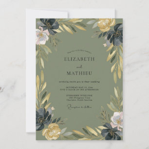 Cottagecore Oliven-Mitternachts-Blüten-Hochzeit Einladung
