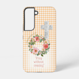 Cottagecore Orange Check  Rose Wreath Cross Faith Samsung Galaxy Hülle