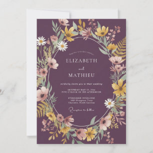 Cottagecore Pflaumen-Senf-Wildblumen-Hochzeit Einladung