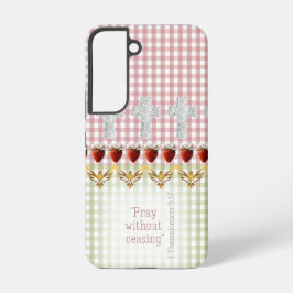Cottagecore Pink Green Checks Cross Dove Scripture Samsung Galaxy Hülle