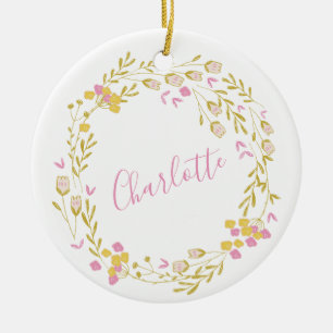 Cottagecore Rosa Grüne Zierliche Blumenkranz Name  Keramik Ornament