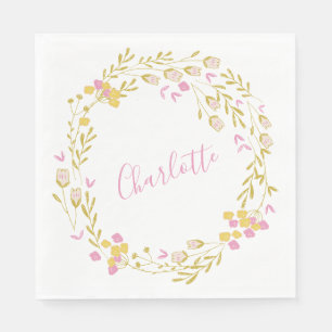 Cottagecore Rosa Grüne Zierliche Blumenkranz Name  Serviette