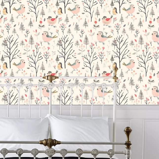 Cottagecore Rosa Vogel Tapete (Cottagecore Pink Bird Wallpaper behind a white metal framed bed.)