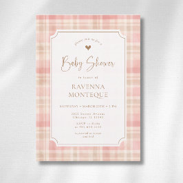 Cottagecore-Rosé-Elfenbein-Karo-Gold-Baby-Shower Einladung