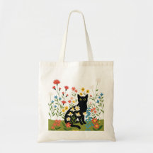 Cottagecore-Schwarze-Katze-Wildblumen-Leinwand