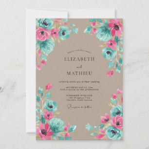 Cottagecore Türkis Magenta Gemalte Hochzeit Einladung