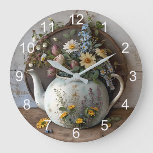 Cottagecore Vintage Küchenuhr - Rustikale Blumen Große Wanduhr