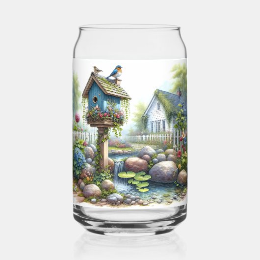 Cottagecore-Vogelhaus-Garten-Aquarell Dosenglas (Vorderseite)