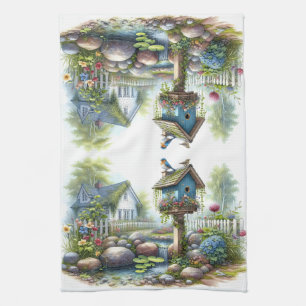 Cottagecore-Vogelhaus-Garten-Aquarell Geschirrtuch