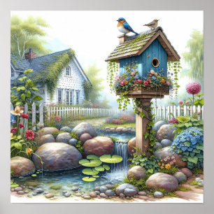 Cottagecore-Vogelhaus-Garten-Aquarell Poster