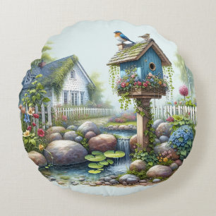 Cottagecore-Vogelhaus-Garten-Aquarell Rundes Kissen