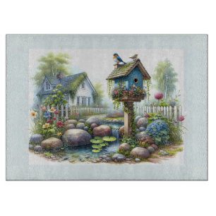 Cottagecore-Vogelhaus-Garten-Aquarell Schneidebrett