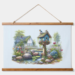 Cottagecore-Vogelhaus-Garten-Aquarell Wandteppich Mit Holzrahmen