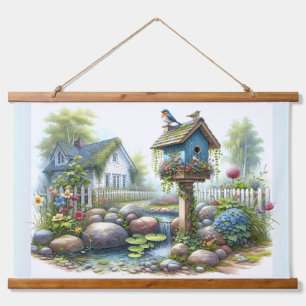Cottagecore-Vogelhaus-Garten-Wasserfarbe Wandteppich Mit Holzrahmen