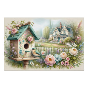 Cottagecore-Vogelhaus mit Blumengarten Poster