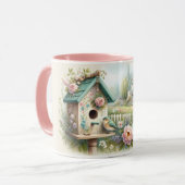 Cottagecore-Vogelhaus mit Blumengarten Tasse (Vorderseite Links)