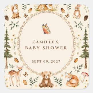 Cottagecore-Wald-Baby-Shower-Einladung Wald Quadratischer Aufkleber