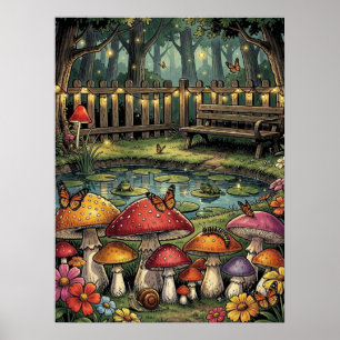 Cottagecore-Waldszene   Whimsische Pilze Poster