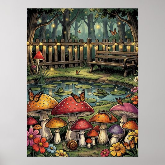 Cottagecore-Waldszene | Whimsische Pilze Poster (Vorne)