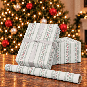 Cottagecore-Wasserfarbe-Stechpalmen-Streifen-Weihn Geschenkpapier