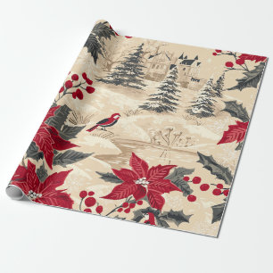 Cottagecore-Weihnachtsmanor Rote Poinsettie Creme Geschenkpapier