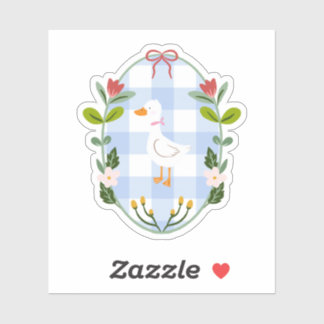 Cottagecore Weiße Enten Illustration - Blau karier Aufkleber