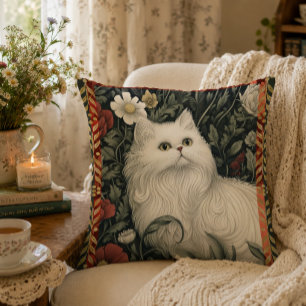 Cottagecore Weiße Katze im Stil von William Morris Kissen