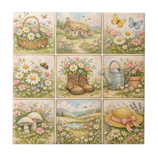 Cottagecore-Wildflowergarten-Patchwork Fliese (Vorderseite)