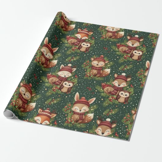 Cottagecore Winterwald-Tiermuster Geschenkpapier (Ungerollt)