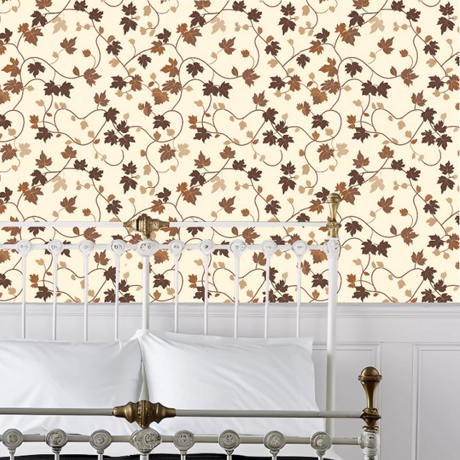 Cottecore Fall Brown Reben Tapete (Cottagecore Fall Brown Vines Wallpaper behind a white metal bed frame. )