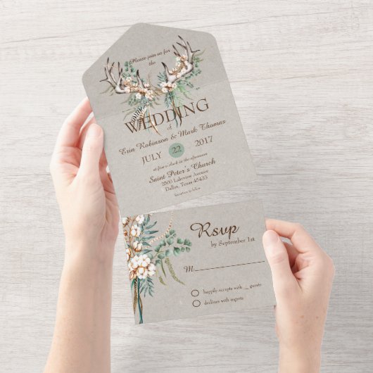 Cotton Antler Boho Wedding All In One Einladung (Abreißen)