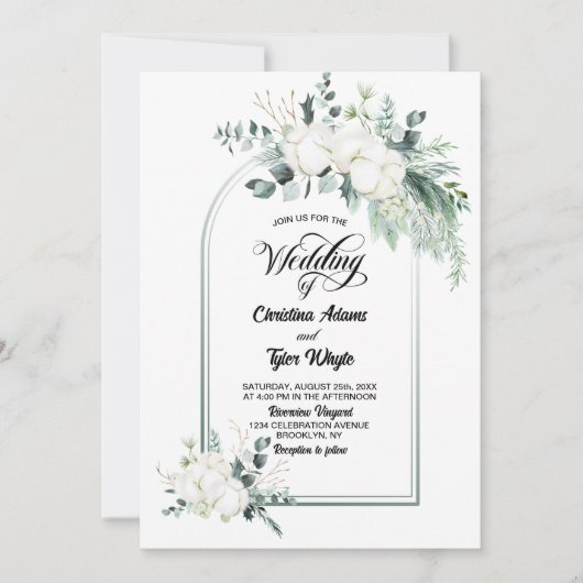 Cotton Blume Eukalyptus Arch Wedding Einladung (Vorderseite)