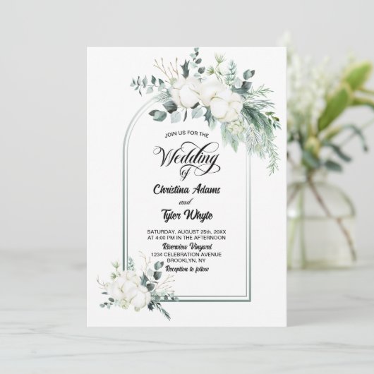 Cotton Blume Eukalyptus Arch Wedding Einladung (Stehend Vorderseite)