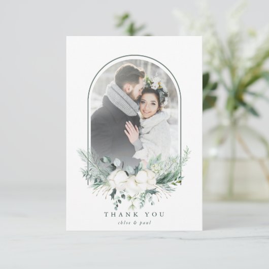 Cotton-Blume-Rahmen-Hochzeitszitz-Foto Dankeskarte (Stehend Vorderseite)