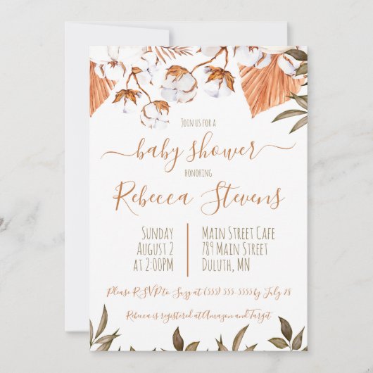 Cotton Blume Watercolor Kinderdusche Einladung (Vorderseite)