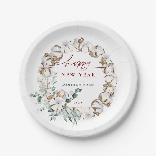 Cotton Blume Wreath Happy New Year Urlaub Pappteller (Vorderseite)