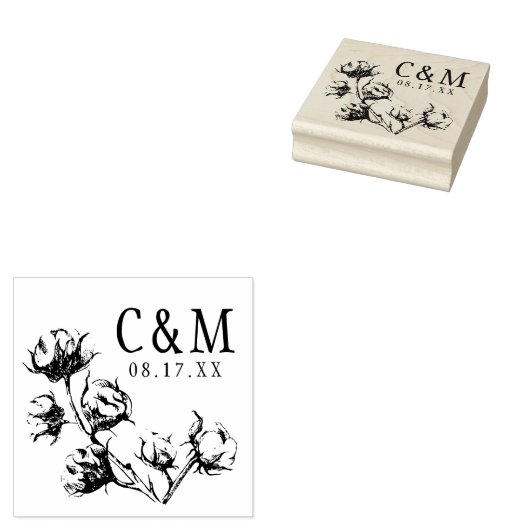 Cotton Boll-Pflanze Hochzeitssache Das Datumsmonog Gummistempel (Stempel)