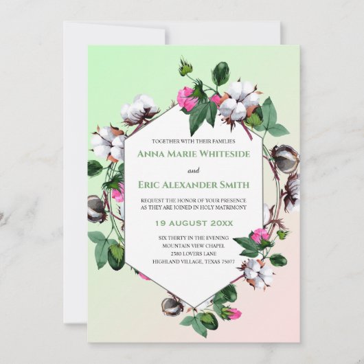 Cotton Bolls florrosa Grüne Hochzeitseinladung Einladung (Vorderseite)