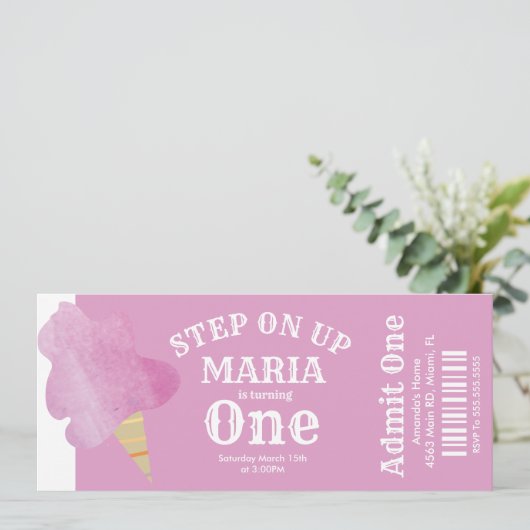 Cotton Candy Circus Zent Birthday Ticket Party Einladung (Stehend Vorderseite)