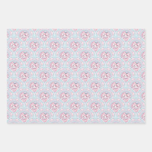Cotton Candy Kawaii Bunny Mandala Art Deco Scallop Geschenkpapier Set (Vorderseite 3)