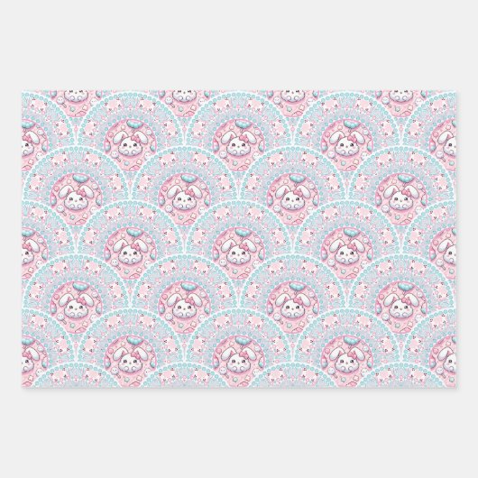 Cotton Candy Kawaii Bunny Mandala Art Deco Scallop Geschenkpapier Set (Vorderseite)