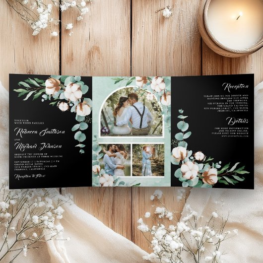 Cotton Eucalyptus Photo All in One Black Wedding Dreifach Gefaltete Einladung