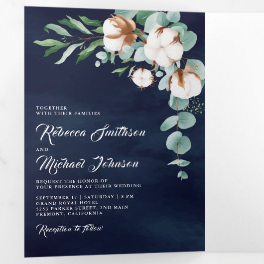 Cotton Eukalyptus Foto Collage Navy Blue Wedding Dreifach Gefaltete Einladung (Innen Erste Seite)