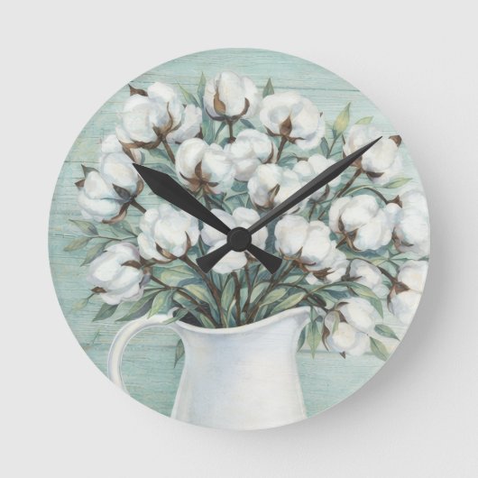 Cotton Flowers Farmhouse Rustic Wall Clock Runde Wanduhr (Vorderseite)