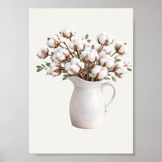 Cotton Flowers in White Pitcher Neutral Farmhous Poster (Vorne)
