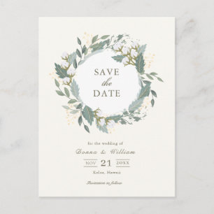 Cotton Garden Wreath White Save the Date Ankündigungspostkarte