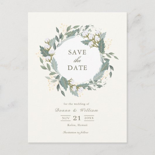 Cotton Garden Wreath White Save the Date Ankündigungspostkarte (Vorderseite)