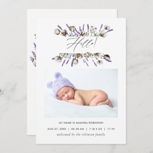 Cotton Lavender Birth Announcement Foto-Karte Ankündigung (Vorne/Hinten)