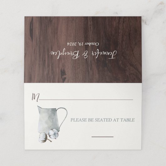 Cotton Stems in Tin Pitcher Wedding Platzkarte (Außenseite Aufgefaltet)