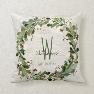 Cotton Wreath Birch Bark Monogram Wedepake Kissen